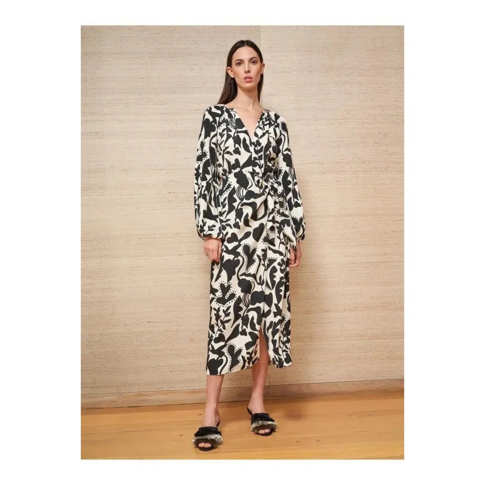 La Ligne Imogen Floral Silk Long Sleeve Midi Wrap Dress In Black White Size S
